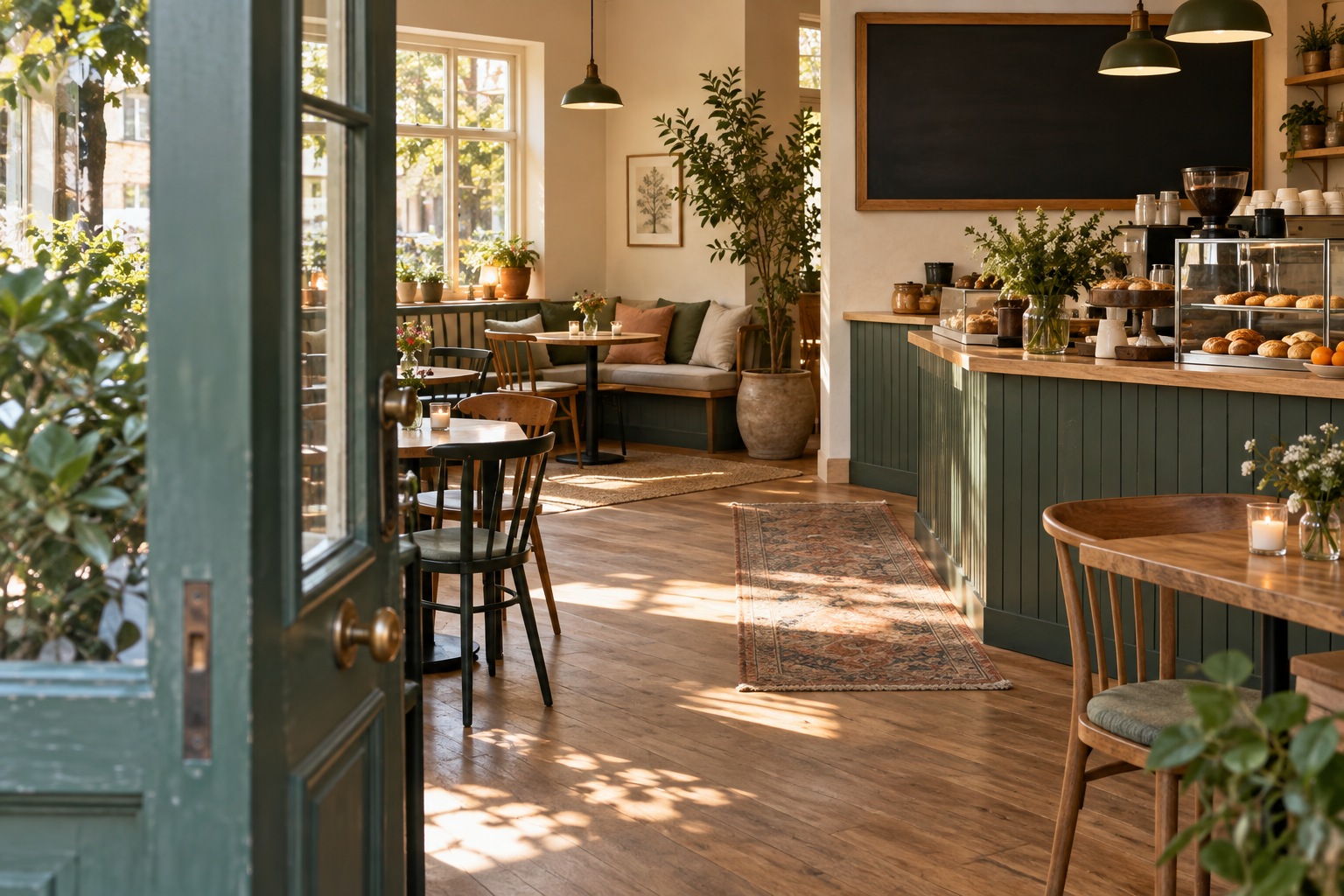 Illustrative café interior seen through an open doorway, with tables, plants and a clear path