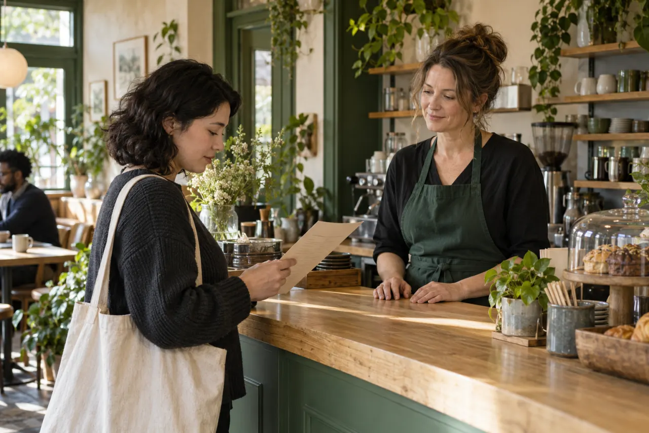 Illustrative café scene with a staff member and an adult visitor holding a paper menu at the counter
