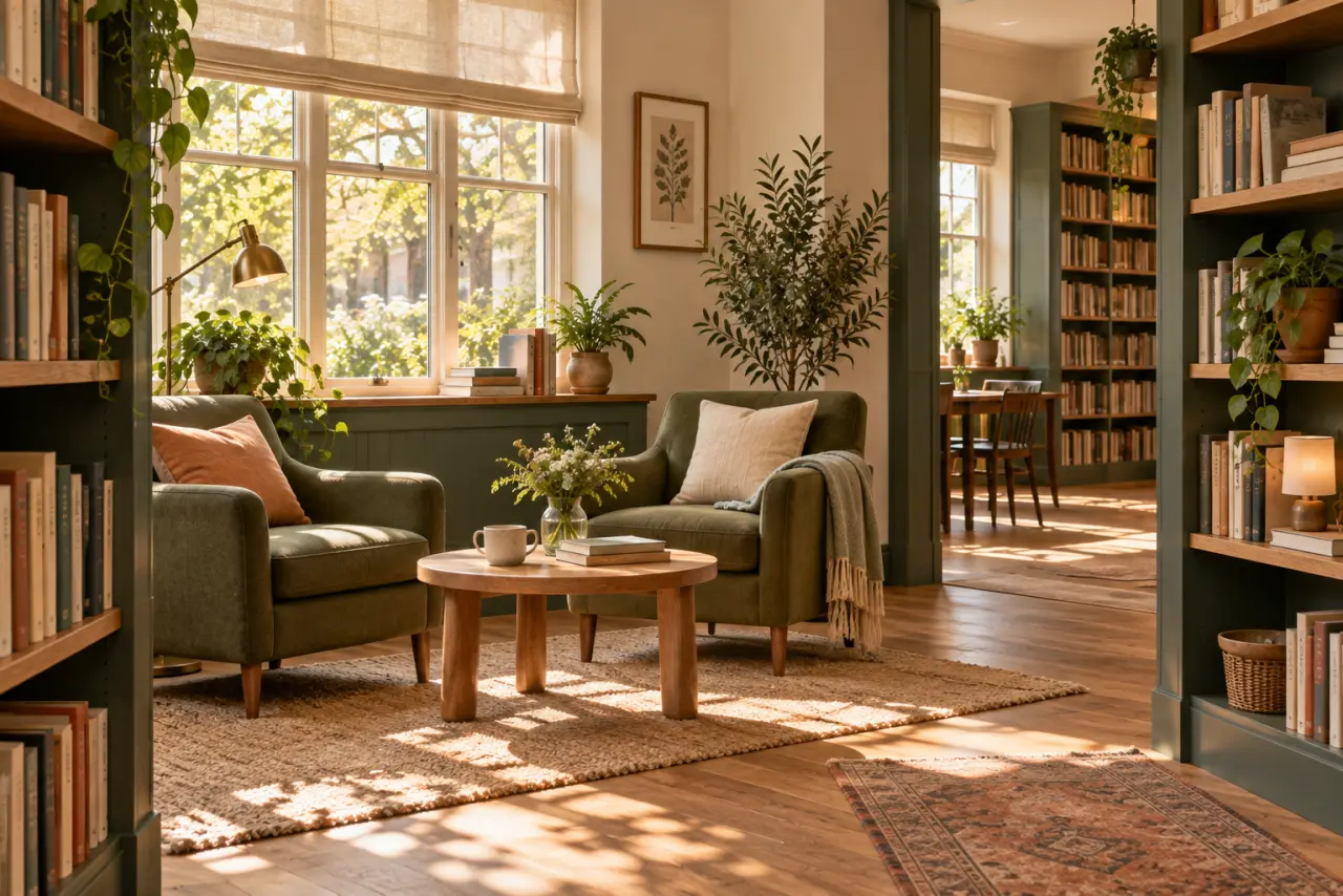Illustrative quiet library reading corner with seating, shelves and soft daylight